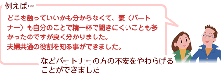 例えば…どこを触っていいかも分からなくて、妻（パートナー）も自分のことで精一杯で聞きにくいことも多かったのですが良く分かりました。 夫婦共通の役割を知る事ができました。などパートナーの方の不安をやあわらげることができました 